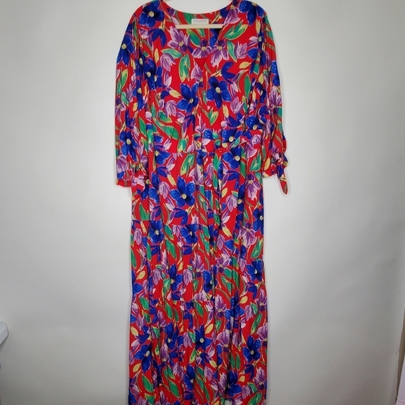 Skies Are Blue Floral Wrap Dress Size 2X Maxi Tiered Tie Sleeve Colorful Party - Picture 2 of 16